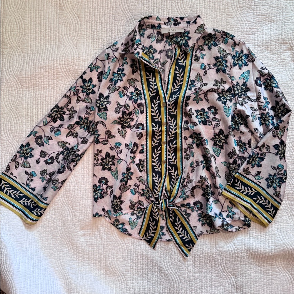 LOFT Floral Patterned Blouse with Tie-Front